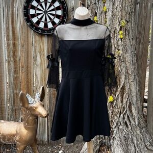 Black Midi Dress With Lace Sleeves and Ribbon